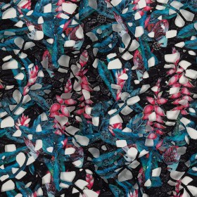 Printed Guipure Lace with Finished Edges – Teal, Fuchsia Pink and Black Tropical Flowers Printed Guipure Lace with Finished Edges – Teal, Fuchsia Pink and Black Tropical Flowers