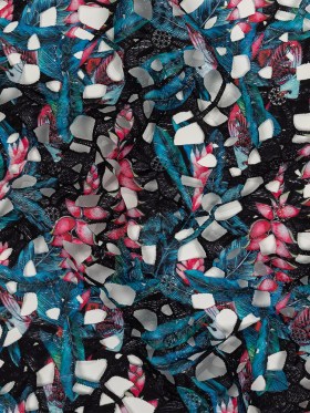 Printed Guipure Lace with Finished Edges – Teal, Fuchsia Pink and Black Tropical Flowers Printed Guipure Lace with Finished Edges – Teal, Fuchsia Pink and Black Tropical Flowers