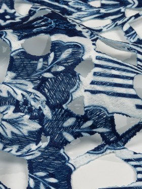 Printed Guipure Lace with Finished Edges – Dutch Blue and Brilliant White Stripes and Floral Border Printed Guipure Lace with Finished Edges – Dutch Blue and Brilliant White Stripes and Floral Border