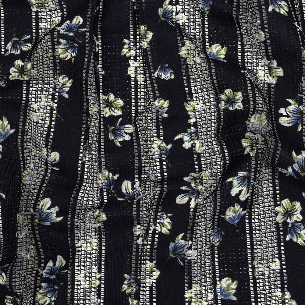 Digitally Printed Lace – Navy and Green Floral on Black Grid Stripes Digitally Printed Lace – Navy and Green Floral on Black Grid Stripes