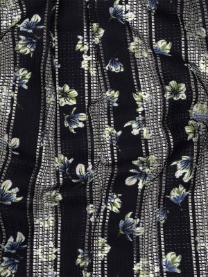 Digitally Printed Lace – Navy and Green Floral on Black Grid Stripes Digitally Printed Lace – Navy and Green Floral on Black Grid Stripes