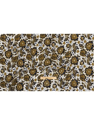 Guipure Lace with Finished Edges – Mustard and Royal Blue Two-Tone Floral Guipure Lace with Finished Edges – Mustard and Royal Blue Two-Tone Floral