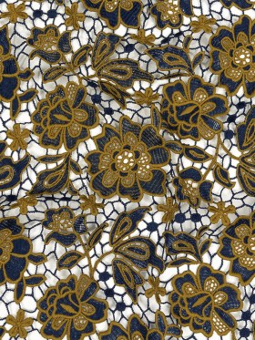 Guipure Lace with Finished Edges – Mustard and Royal Blue Two-Tone Floral Guipure Lace with Finished Edges – Mustard and Royal Blue Two-Tone Floral