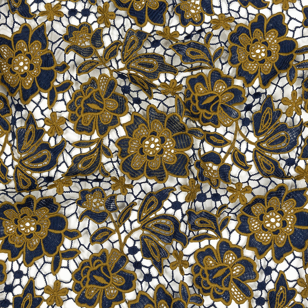 Guipure Lace with Finished Edges – Mustard and Royal Blue Two-Tone Floral Guipure Lace with Finished Edges – Mustard and Royal Blue Two-Tone Floral