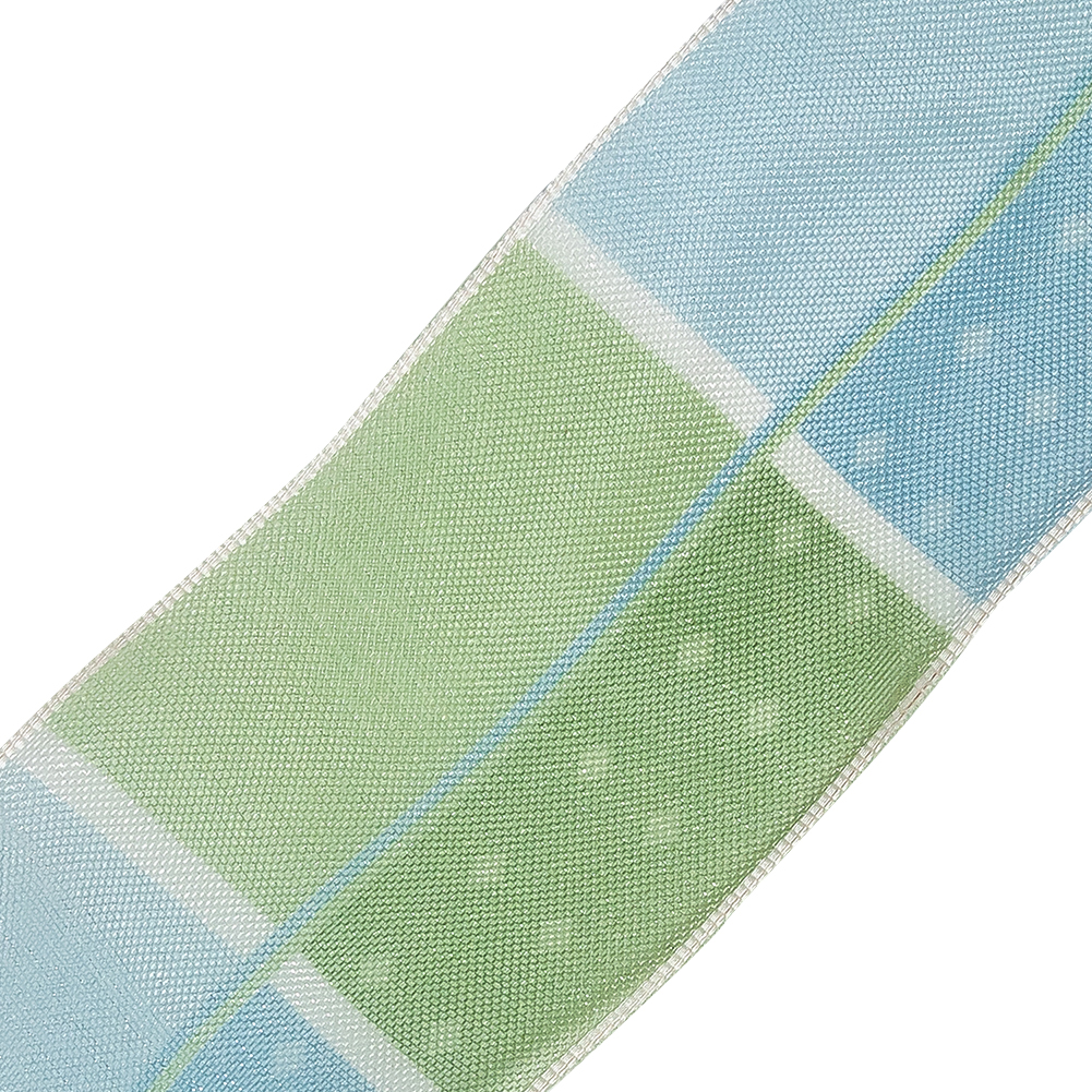 Grass Green, White and Sky Blue Polka Dots and Plaid Wired Organza Ribbon - 1.625"