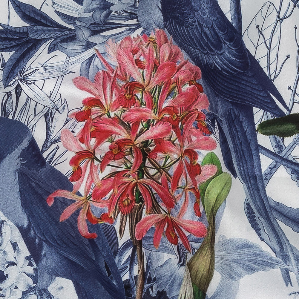 Mercerized Organic Egyptian Cotton Shirting - Blue and White Tropical Birds - Ravello Collection