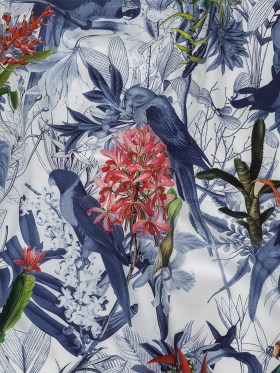 Mercerized Organic Egyptian Cotton Shirting – Blue and White Tropical Birds – Ravello Collection Mercerized Organic Egyptian Cotton Shirting – Blue and White Tropical Birds – Ravello Collection