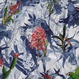 Mercerized Organic Egyptian Cotton Shirting – Blue and White Tropical Birds – Ravello Collection Mercerized Organic Egyptian Cotton Shirting – Blue and White Tropical Birds – Ravello Collection