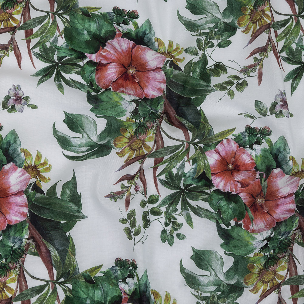 Mercerized Organic Egyptian Cotton Voile – Coral Florals and Foliage – Toulouse Collection Mercerized Organic Egyptian Cotton Voile – Coral Florals and Foliage – Toulouse Collection