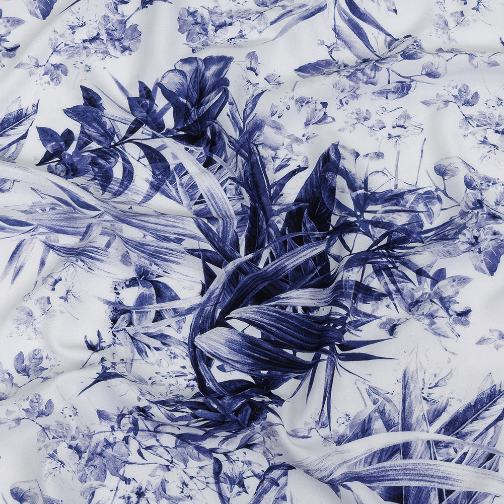 Organic Viscose Batiste – Estate Blue and White Tropical Oasis – Loreto Collection Organic Viscose Batiste – Estate Blue and White Tropical Oasis – Loreto Collection