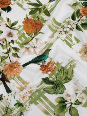 Organic Viscose Batiste – Green and Apricot Crosshatch Avifauna – Loreto Collection Organic Viscose Batiste – Green and Apricot Crosshatch Avifauna – Loreto Collection