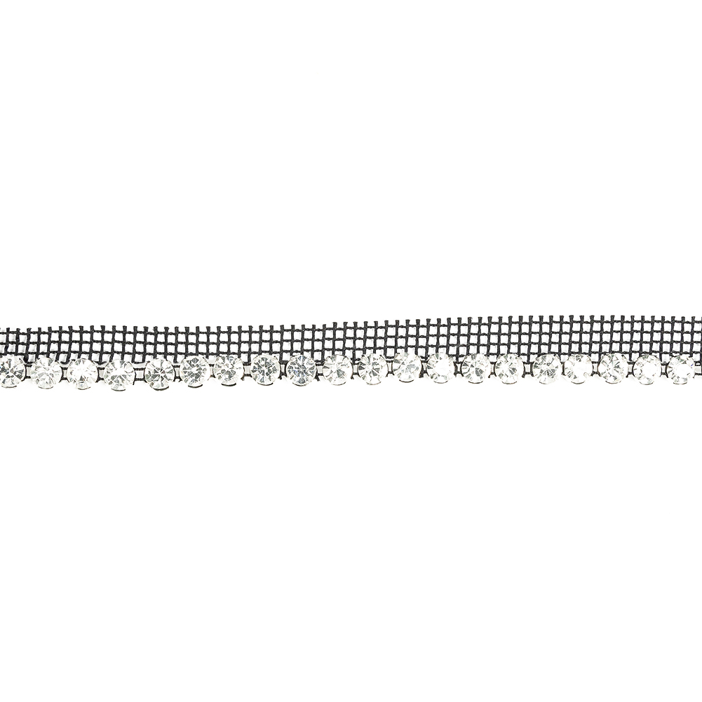 Vintage Crystal and Silver 1 Row Circular Rhinestones on Black Mesh Trimming – 0.75″ Vintage Crystal and Silver 1 Row Circular Rhinestones on Black Mesh Trimming – 0.75″