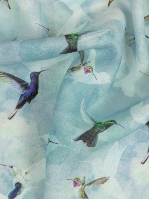 Humming Birds Printed Blue Linen Woven Humming Birds Printed Blue Linen Woven