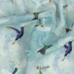 Humming Birds Printed Blue Linen Woven Humming Birds Printed Blue Linen Woven
