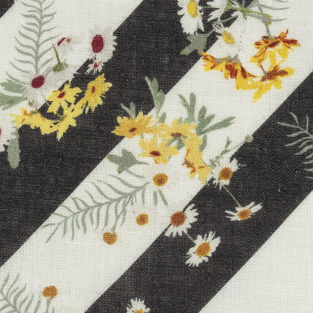 Floating Daisies over Black and White Regimental Stripes Printed Linen Woven