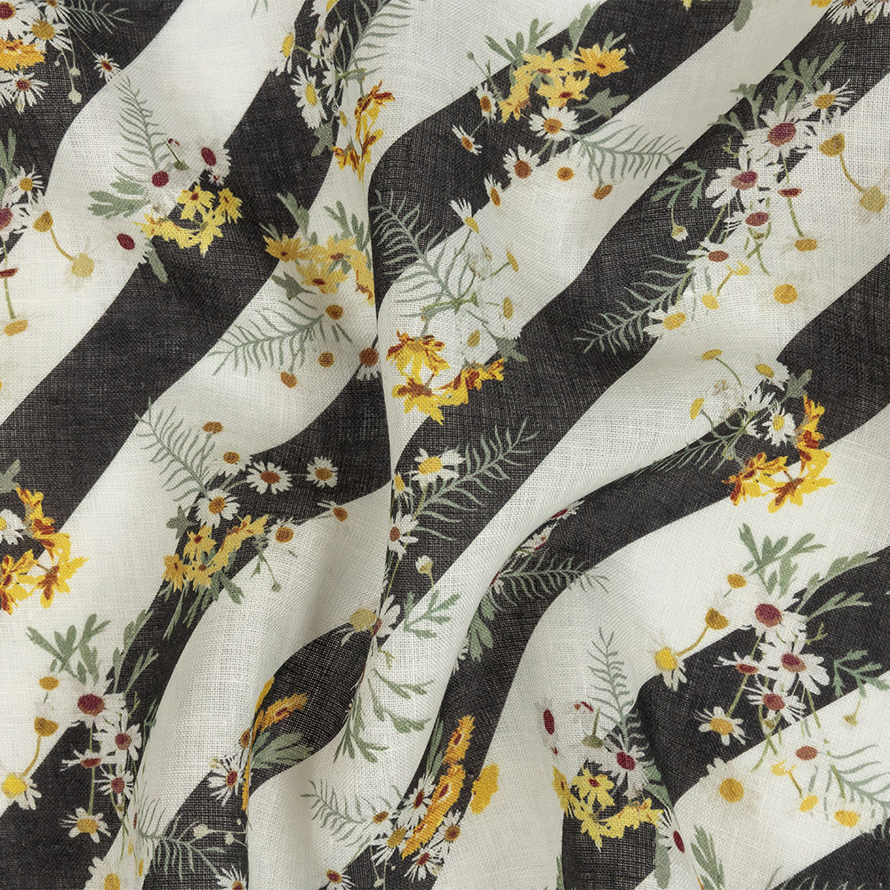 Floating Daisies over Black and White Regimental Stripes Printed Linen Woven Floating Daisies over Black and White Regimental Stripes Printed Linen Woven