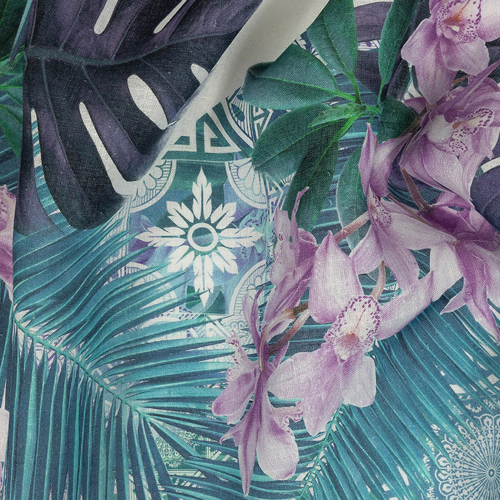 Blue Palms and Lavender Lilies Printed Linen Woven Blue Palms and Lavender Lilies Printed Linen Woven