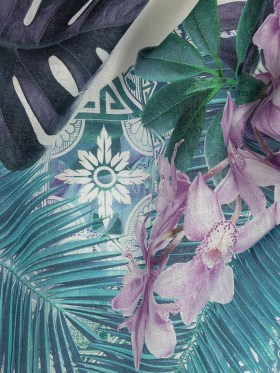 Blue Palms and Lavender Lilies Printed Linen Woven Blue Palms and Lavender Lilies Printed Linen Woven