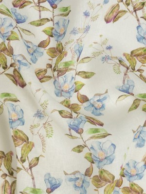 Sky Blue and Olive Watercolor Floral Printed Linen Woven Sky Blue and Olive Watercolor Floral Printed Linen Woven
