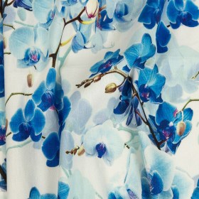 Tilted Blue Orchids and Lily White Printed Stretch Linen and Rayon Woven Tilted Blue Orchids and Lily White Printed Stretch Linen and Rayon Woven