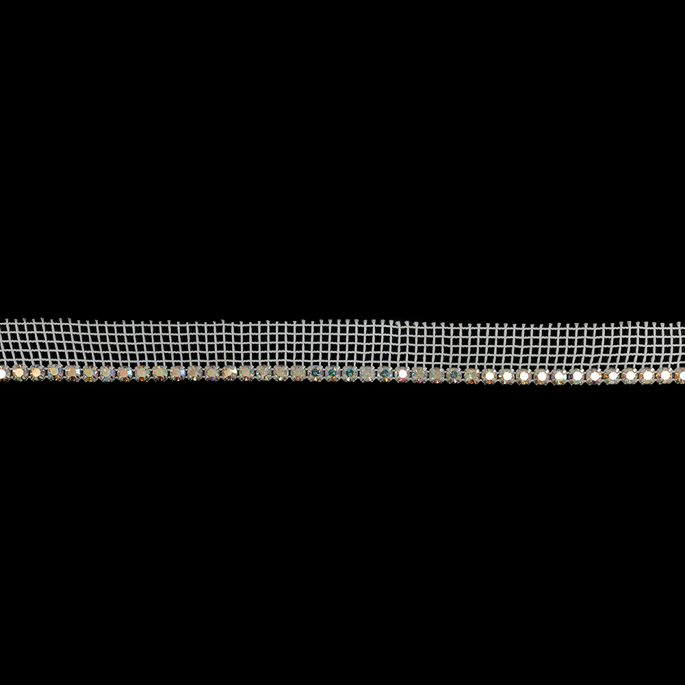 Vintage AB Crystal and Silver 1 Row Circular Rhinestones on White Mesh Trimming – 0.625″ Vintage AB Crystal and Silver 1 Row Circular Rhinestones on White Mesh Trimming – 0.625″