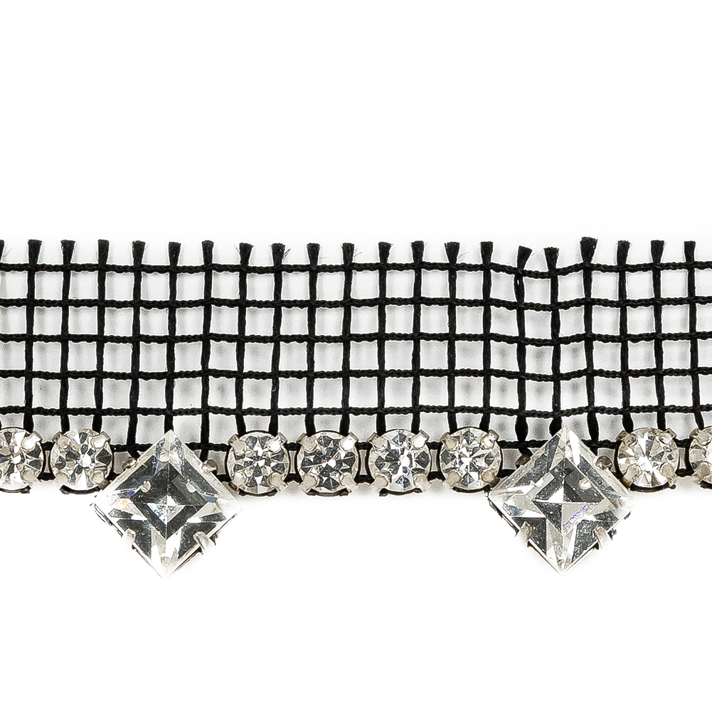 Vintage Crystal and Silver Circular Rhinestone Trimming on Black Mesh with Triangular Rhinestone Fringe – 1″ Vintage Crystal and Silver Circular Rhinestone Trimming on Black Mesh with Triangular Rhinestone Fringe – 1″