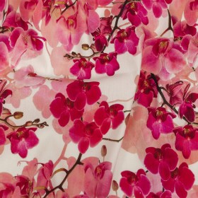Tilted Pink Orchids and Lily White Printed Stretch Linen and Rayon Woven Tilted Pink Orchids and Lily White Printed Stretch Linen and Rayon Woven