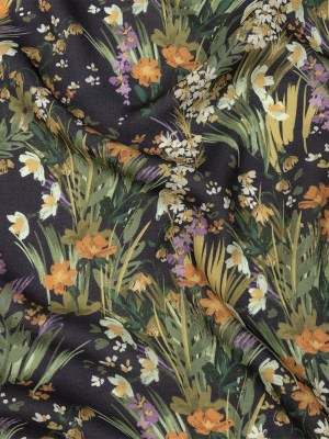 Viscose and Linen Twill Print – Muted Black and Green Flowers and Grass – Mood Exclusive Prairie Spring Viscose and Linen Twill Print – Muted Black and Green Flowers and Grass – Mood Exclusive Prairie Spring