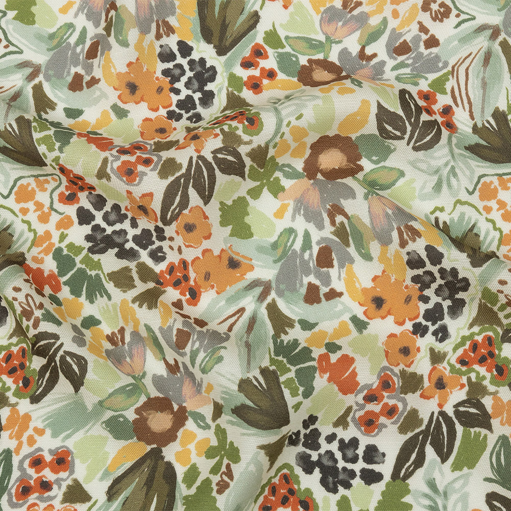 Viscose and Linen Twill Print – Orange and Olive Green Painterly Floral – Mood Exclusive Morisot Viscose and Linen Twill Print – Orange and Olive Green Painterly Floral – Mood Exclusive Morisot