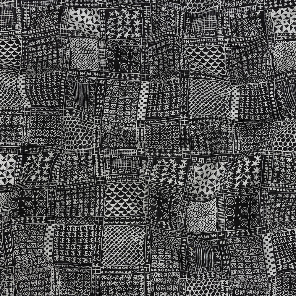 Lightweight Viscose-Linen Woven Print - Black Doodle Patchwork - Mood Exclusive Inkpen Zen