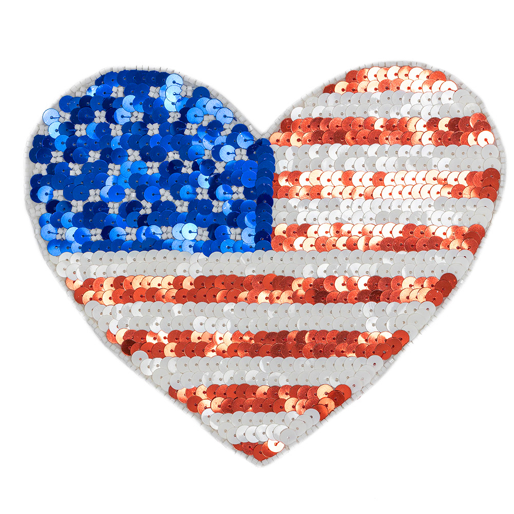 Vintage Large Heart-Shaped American Flag Beaded and Sequins Applique Vintage Large Heart-Shaped American Flag Beaded and Sequins Applique