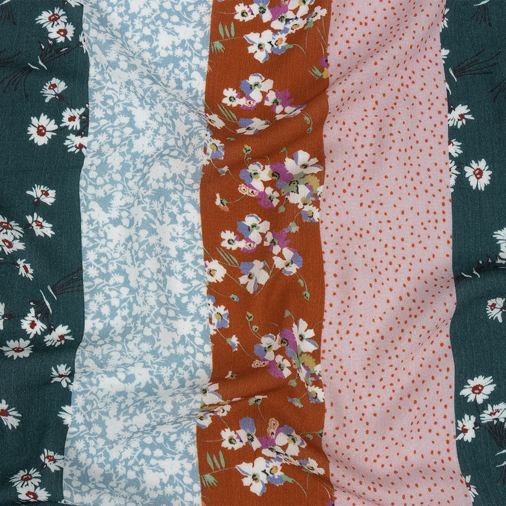 Gauzy Wrinkled Rayon Woven Print - Orange and Evergreen Floral Stripes - Mood Exclusive Perennial Paths