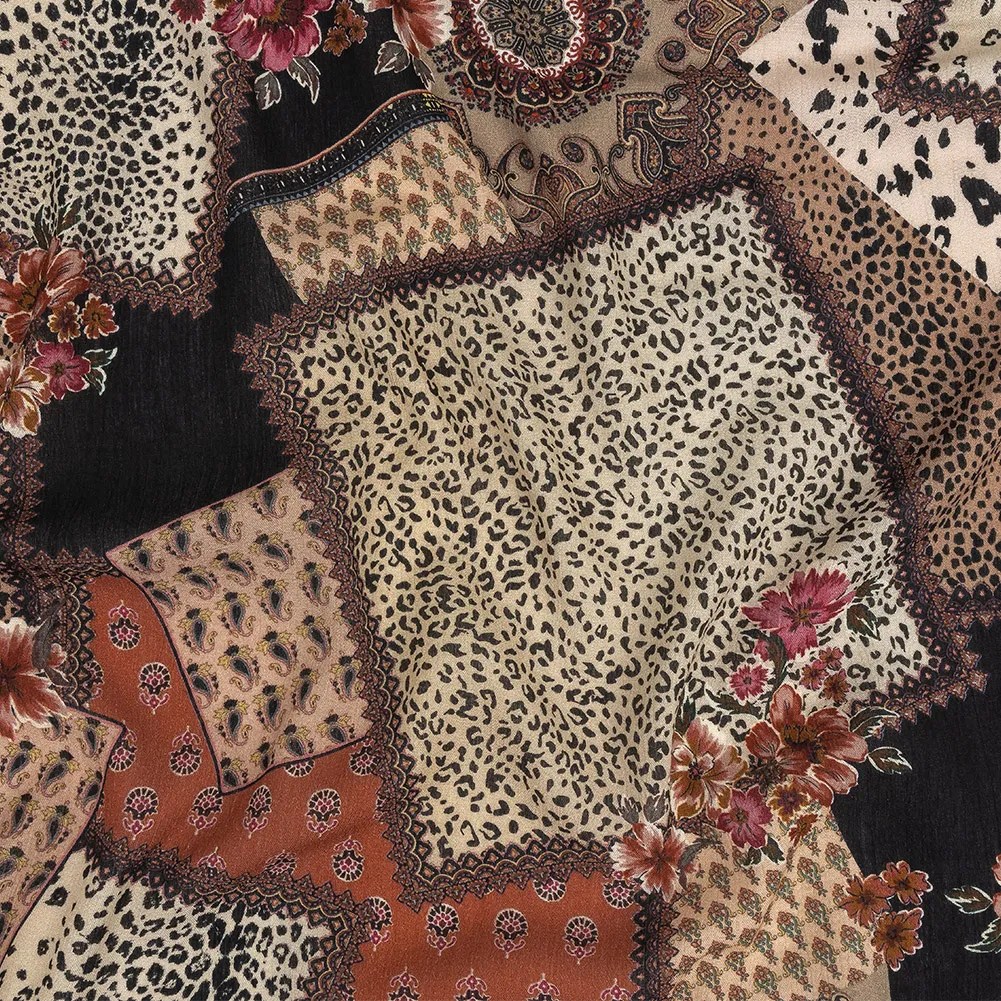 Gauzy Wrinkled Rayon Woven Print – Burnt Orange Animal and Floral Patchwork – Mood Exclusive Chic Scrapbook Gauzy Wrinkled Rayon Woven Print – Burnt Orange Animal and Floral Patchwork – Mood Exclusive Chic Scrapbook