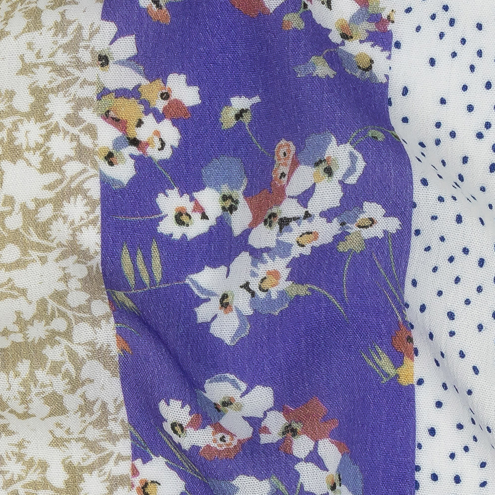 Gauzy Wrinkled Rayon Woven Print - Violet and Pea Green Floral Stripes - Mood Exclusive Perennial Paths