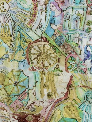 Mood Exclusive Watercolor Village Stretch Cotton Poplin Mood Exclusive Watercolor Village Stretch Cotton Poplin