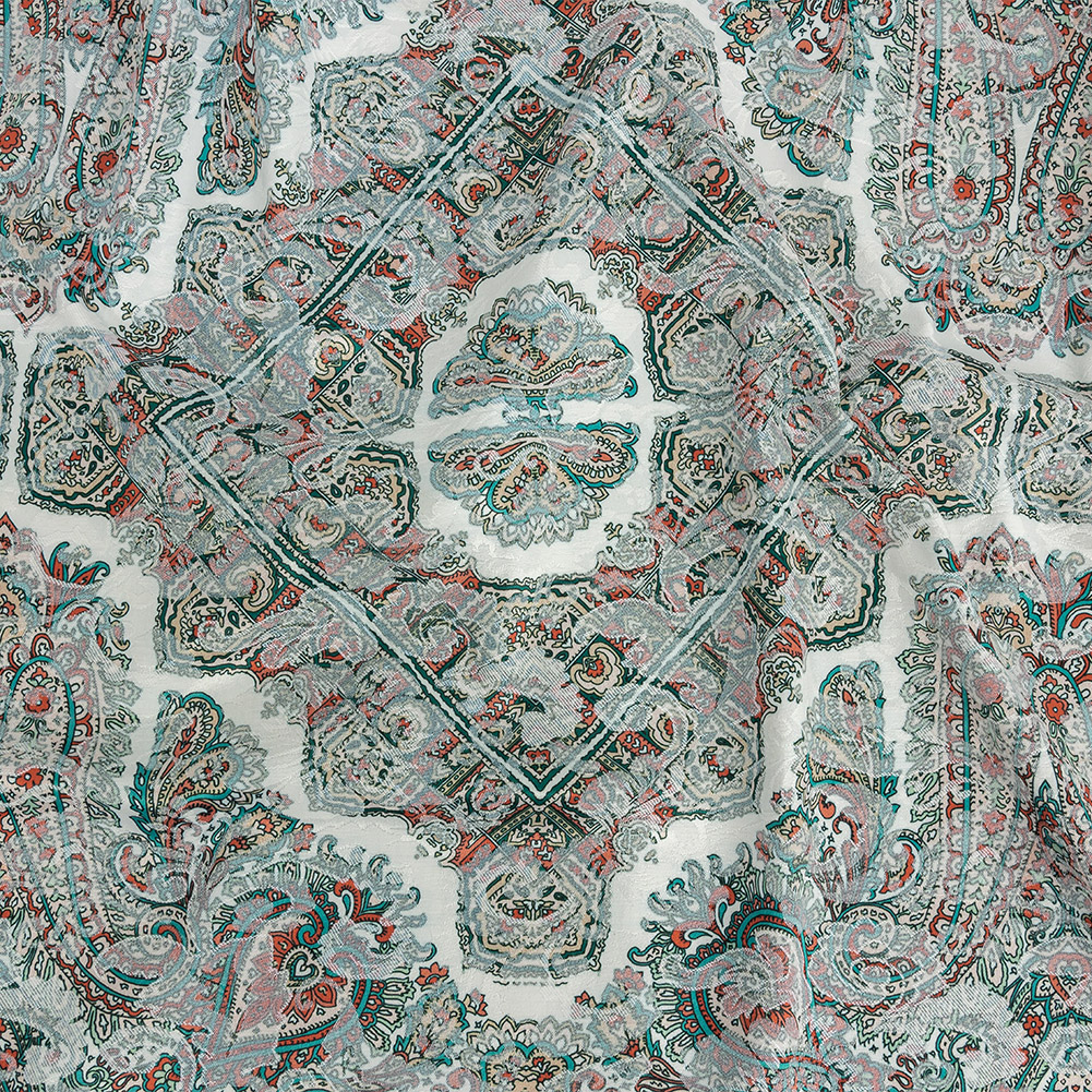 Stretch Floral Jacquard Print – Jade and Orange Ornate Medallions – Mood Exclusive Interlocking Configurations Stretch Floral Jacquard Print – Jade and Orange Ornate Medallions – Mood Exclusive Interlocking Configurations