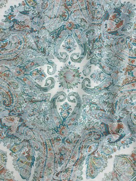 Stretch Floral Jacquard Print – Turquoise and Orange Ornate Medallions – Mood Exclusive Interlocking Configurations Stretch Floral Jacquard Print – Turquoise and Orange Ornate Medallions – Mood Exclusive Interlocking Configurations
