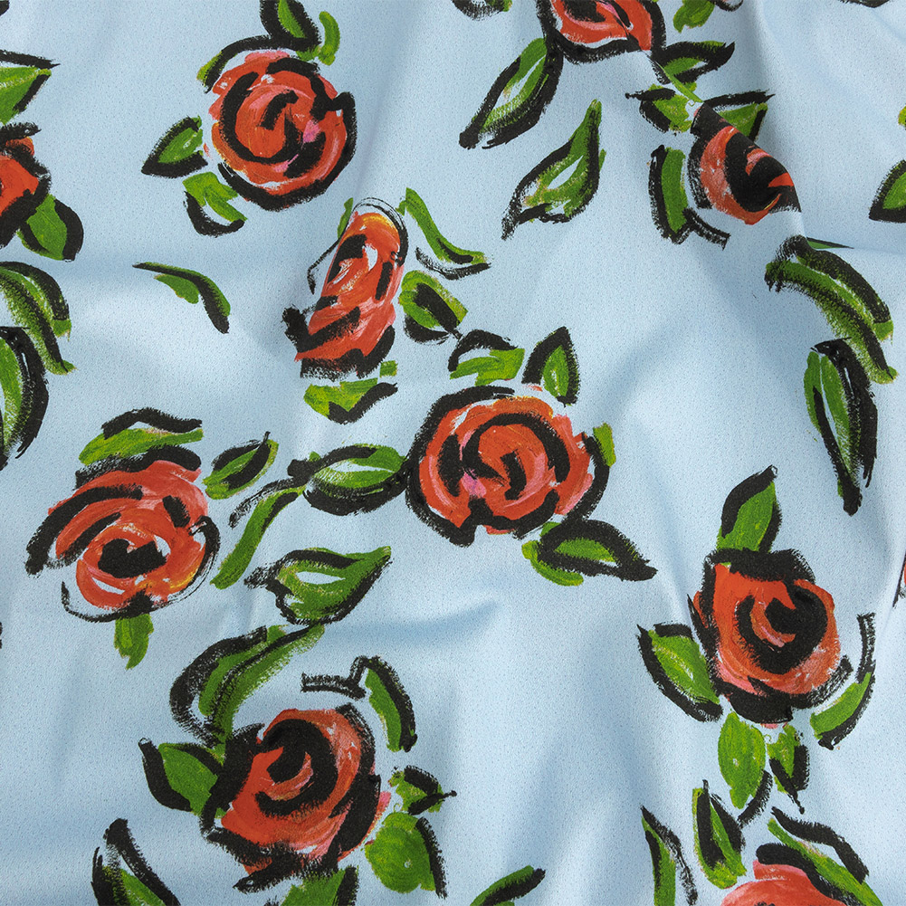Stretch Cotton and Viscose Sateen Print – Light Blue, Red and Green Roses – Mood Exclusive Mostly Rosy Stretch Cotton and Viscose Sateen Print – Light Blue, Red and Green Roses – Mood Exclusive Mostly Rosy