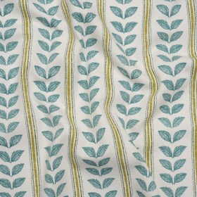 Cotton Canvas Print – Lagoon Leaves and Stripes – British Imported Cotton Canvas Print – Lagoon Leaves and Stripes – British Imported