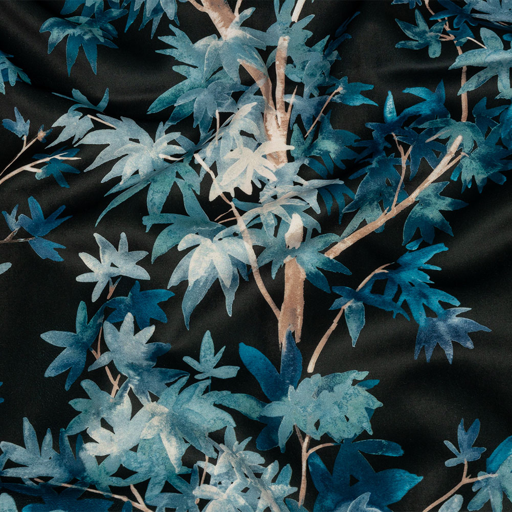 Polyester Microvelvet Print – Midnight Watercolor Tropical Branches – British Imported Polyester Microvelvet Print – Midnight Watercolor Tropical Branches – British Imported