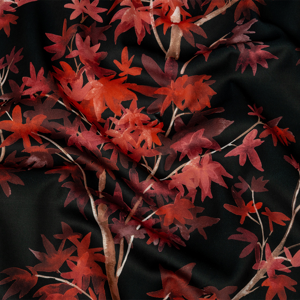 Polyester Microvelvet Print – Scarlet Watercolor Tropical Branches – British Imported Polyester Microvelvet Print – Scarlet Watercolor Tropical Branches – British Imported