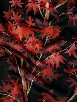 Polyester Microvelvet Print – Scarlet Watercolor Tropical Branches – British Imported Polyester Microvelvet Print – Scarlet Watercolor Tropical Branches – British Imported
