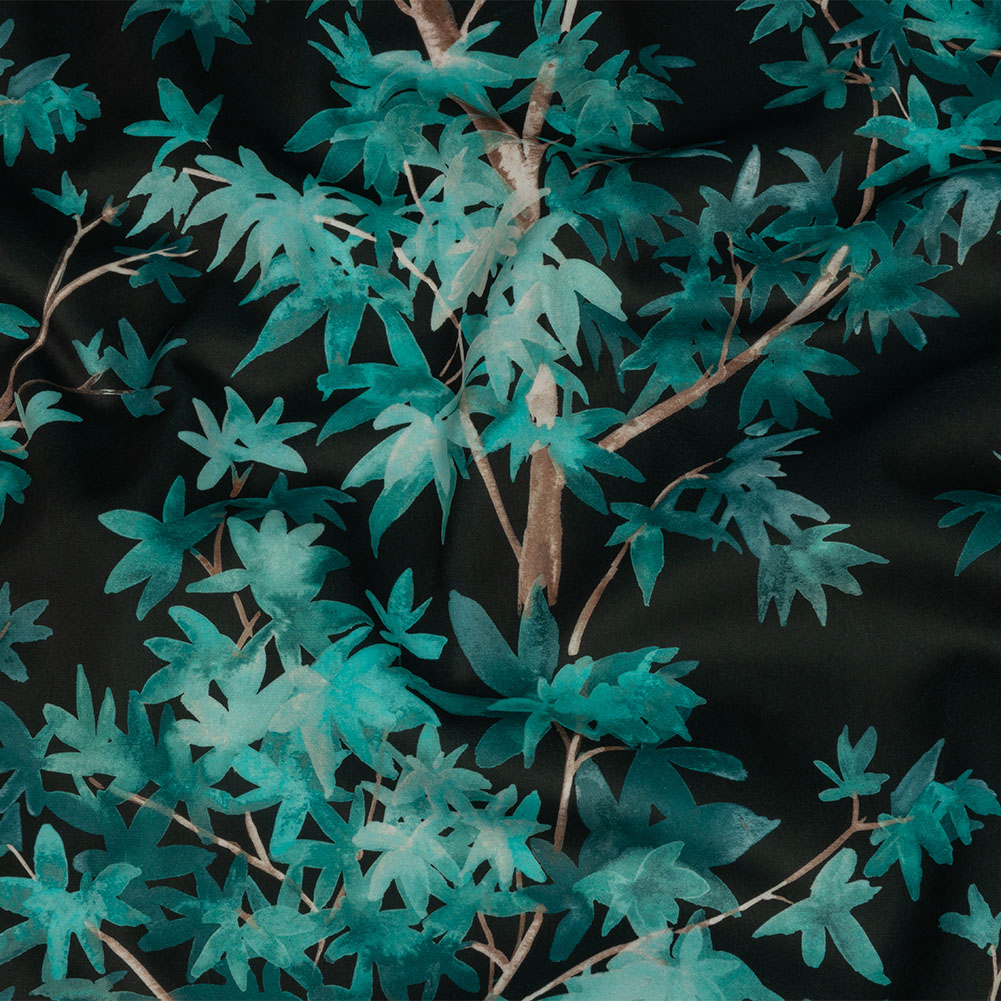Polyester Microvelvet Print – Teal Watercolor Tropical Branches – British Imported Polyester Microvelvet Print – Teal Watercolor Tropical Branches – British Imported