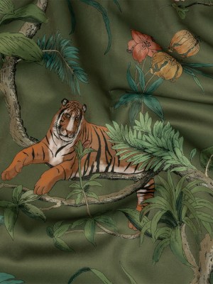Polyester Microvelvet Print – Olive Lounging Tigers – British Imported Polyester Microvelvet Print – Olive Lounging Tigers – British Imported