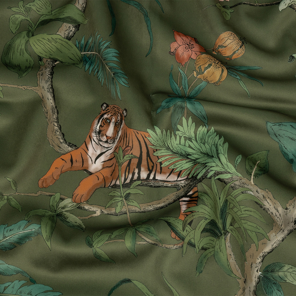 Polyester Microvelvet Print – Olive Lounging Tigers – British Imported Polyester Microvelvet Print – Olive Lounging Tigers – British Imported