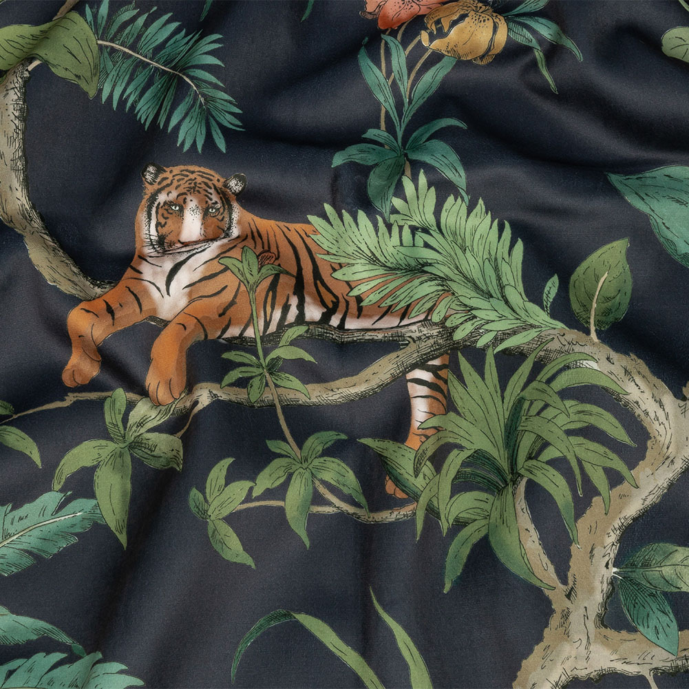 Polyester Microvelvet Print – Slate Lounging Tigers – British Imported Polyester Microvelvet Print – Slate Lounging Tigers – British Imported