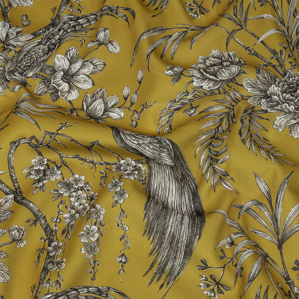 Polyester Microvelvet Print – Citrus Birds Perched in Paradise Florals – British Imported Polyester Microvelvet Print – Citrus Birds Perched in Paradise Florals – British Imported