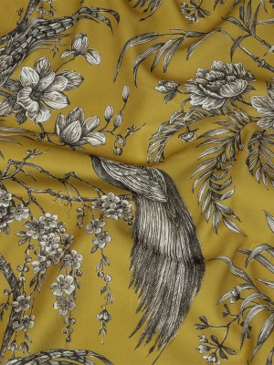 Polyester Microvelvet Print – Citrus Birds Perched in Paradise Florals – British Imported Polyester Microvelvet Print – Citrus Birds Perched in Paradise Florals – British Imported