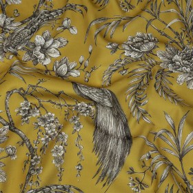 Polyester Microvelvet Print – Citrus Birds Perched in Paradise Florals – British Imported Polyester Microvelvet Print – Citrus Birds Perched in Paradise Florals – British Imported