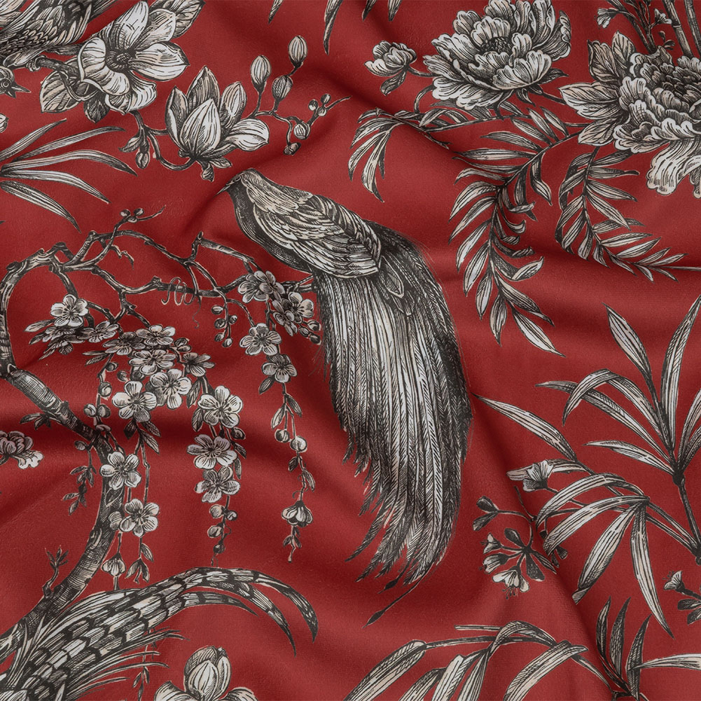 Polyester Microvelvet Print – Crimson Birds Perched in Paradise Florals – British Imported Polyester Microvelvet Print – Crimson Birds Perched in Paradise Florals – British Imported